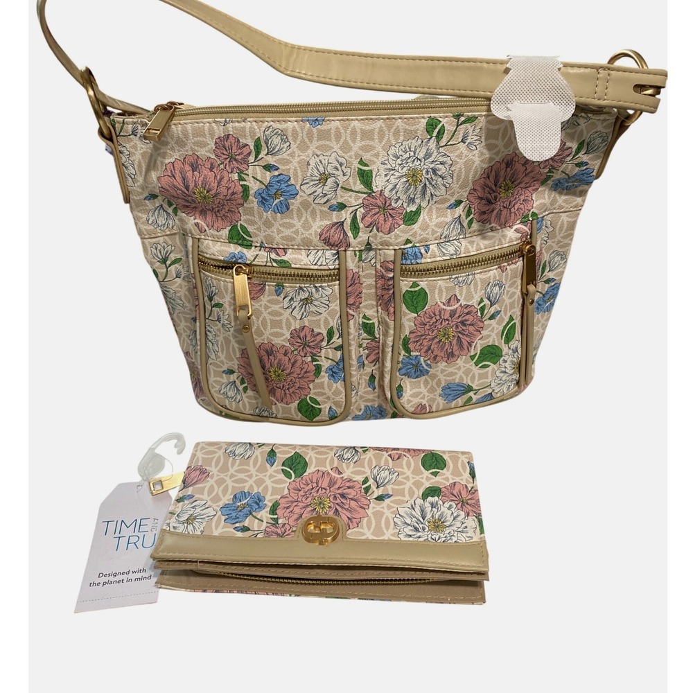 Time and Tru Shoulder Bag Wallet Set Womens OS Beige Floral Faux Leather New